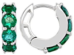 Pre-Owned Green Lab Created Emerald Rhodium Over Sterling Silver May Birthstone Huggie Earrings 1.63