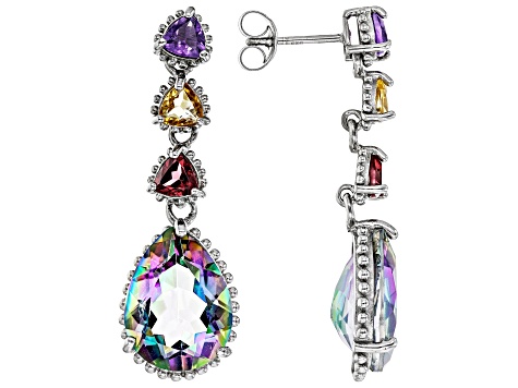 Pre-Owned Multi-Color Quartz Rhodium Over Sterling Silver Dangle Earrings 5.81ctw