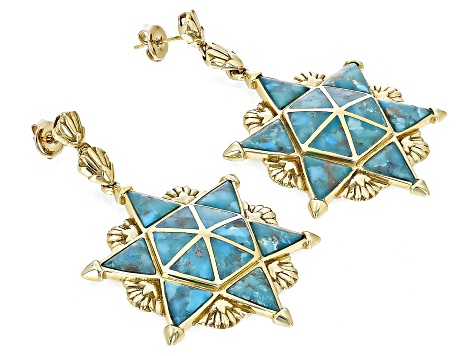 Pre-Owned Blue Turquoise 18k Yellow Gold Over Brass Star of David Earrings