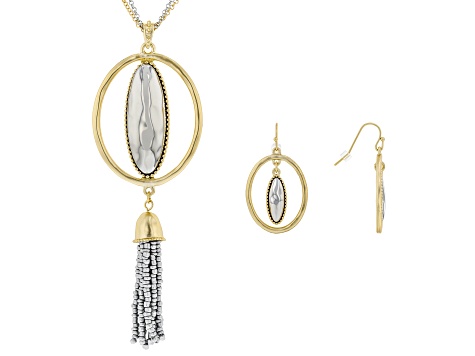 Pre-Owned Silver Tone with Gold Tone Accents Necklace and Earrings Set