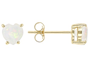 Pre-Owned Multi Color Opal 10k Yellow Gold Heart Shaped Stud Earrings 0.60ctw