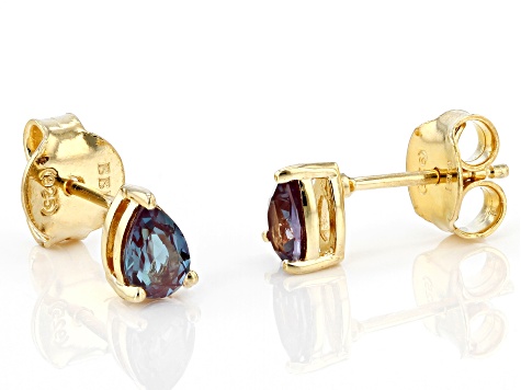 Pre-Owned Blue Lab Created Alexandrite 18K Yellow Gold Over Sterling Silver June Birthstone Earrings