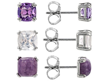 Picture of Pre-Owned Purple Amethyst Platinum Over Sterling Silver Stud Earring Set of 3 2.87ctw