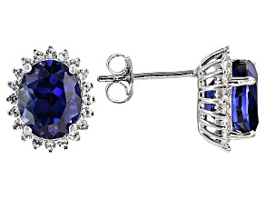 Pre-Owned Blue Lab Created Sapphire Rhodium Over Sterling Silver Earrings 6.45ctw