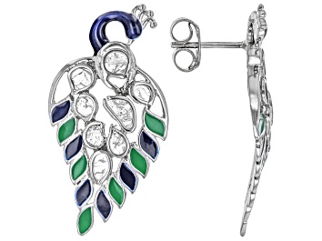 Picture of Pre-Owned Polki Diamond With Enamel Peacock Sterling Silver Earrings