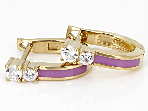 Pre-Owned White Lab Created Sapphire With Lavender Enamel 18k Yellow Gold Over Silver Earrings 0.36c