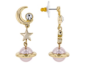Pre-Owned Pearl Simulant and Glass Gold Tone Moon and Planet Dangle Earrings