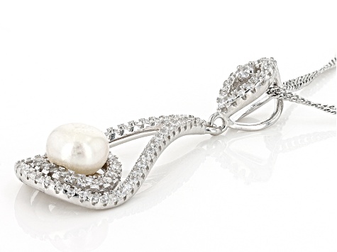 Pre-Owned White Cultured Freshwater Pearl & Cubic Zirconia Rhodium Over Sterling Silver Pendant & Ea