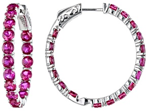 Pre-Owned Red Lab Created Ruby Rhodium Over Sterling Silver Hoop Earrings 9.01ctw