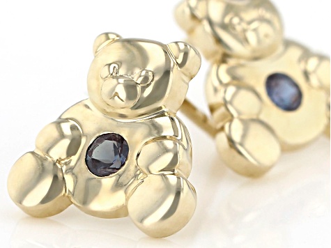 Pre-Owned Blue Lab Created Alexandrite 10k Yellow Gold Childrens Teddy Bear Stud Earrings .07ctw