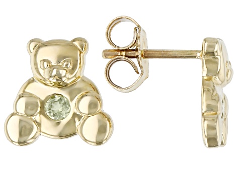 Pre-Owned Green Peridot 10k Yellow Gold Childrens Teddy Bear Stud Earrings .07ctw
