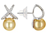 Pre-Owned Golden Cultured South Sea Pearl & White Zircon Rhodium Over Sterling Silver Earrings 0.54c