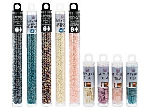 Pre-Owned Miyuki Tila, Miyuki Round & Superduo Czech Glass Seed Beads Set of 9 in Assorted Colors