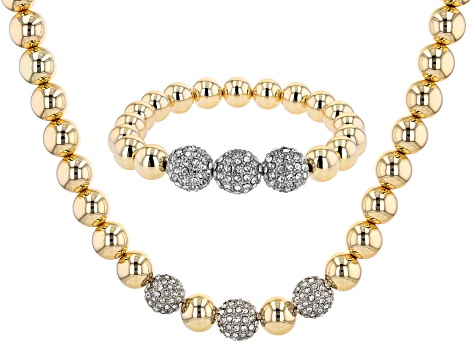 Pre-Owned Gold Tone White Crystal Bracelet and Necklace Set