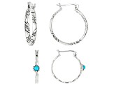 Pre-Owned Sleeping Beauty Turquoise Rhodium Over Sterling Silver Hoop Earrings Set of Two