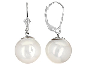 Pre-Owned White Cultured Freshwater Pearl Rhodium Over Sterling Silver Earrings