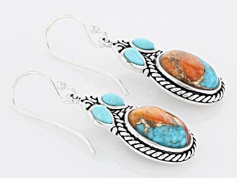 Pre-Owned Spiny Oyster Shell With Turquoise Rhodium Over Sterling Silver Earrings