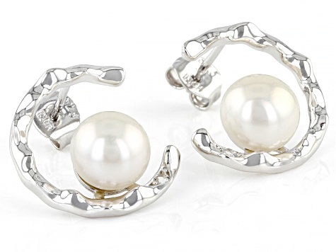 Pre-Owned White Cultured Freshwater Pearl With Lab Created Sapphire Rhodium Over Silver Earrings