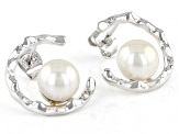 Pre-Owned White Cultured Freshwater Pearl With Lab Created Sapphire Rhodium Over Silver Earrings