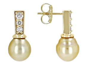 Pre-Owned Golden Cultured South Sea Pearl With Moissanite 18k Yellow Gold Over Sterling Silver Earri