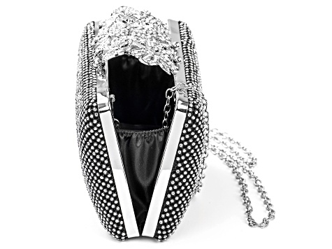 Pre-Owned White Crystal Silver Tone Beaded Clutch