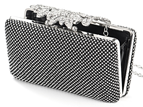 Pre-Owned White Crystal Silver Tone Beaded Clutch