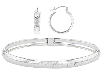 Picture of Pre-Owned Sterling Silver Diamond-Cut Bangle & Hoop Earring Set