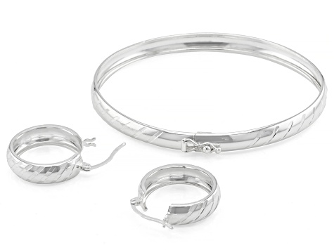 Pre-Owned Sterling Silver Diamond-Cut Bangle & Hoop Earring Set