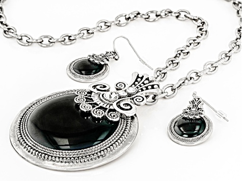 Pre-Owned Black Epoxy & Crystal Silver Tone Earring and Pendant Set