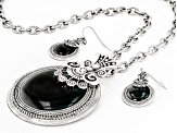 Pre-Owned Black Epoxy & Crystal Silver Tone Earring and Pendant Set