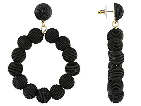 Pre-Owned Gold Tone And Black Fabric Bead Hoop Earrings