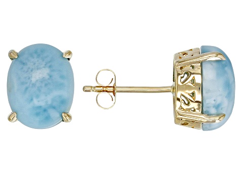 Pre-Owned Blue Oval Larimar 10k Yellow Gold Stud Earrings