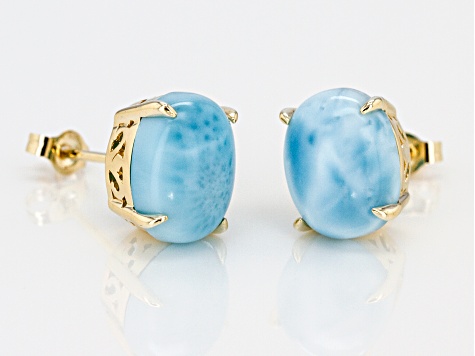 Pre-Owned Blue Oval Larimar 10k Yellow Gold Stud Earrings