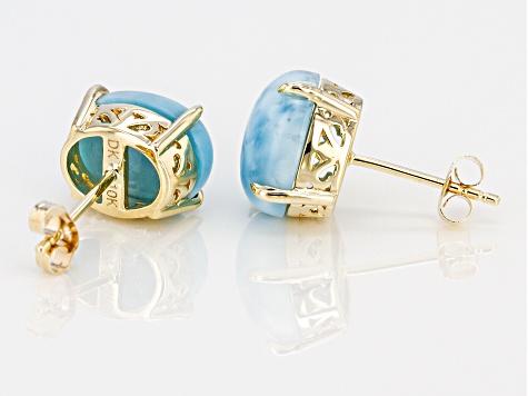 Pre-Owned Blue Oval Larimar 10k Yellow Gold Stud Earrings