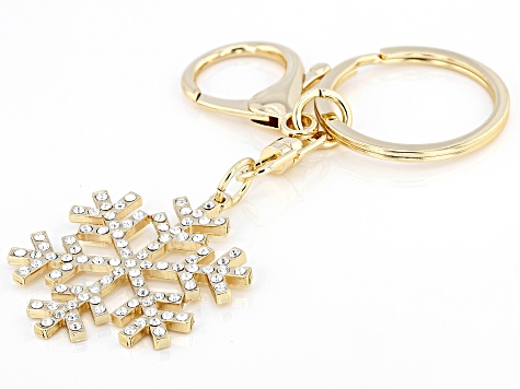 Pre-Owned White Crystal Gold Tone Snowflake Key Chain
