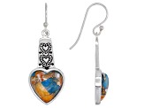 Pre-Owned Blended Turquoise and Spiny Oyster Shell Rhodium Over Silver Heart Earring