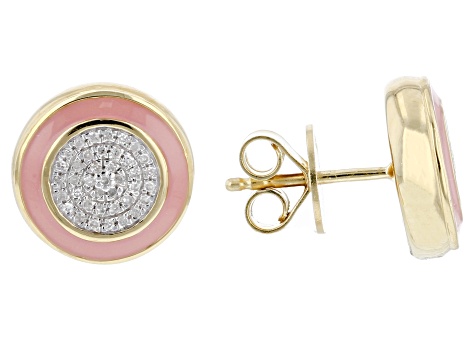 Pre-Owned White Diamond And Pink Enamel 14k Yellow Gold Over Sterling Silver Stud Earrings 0.10ctw