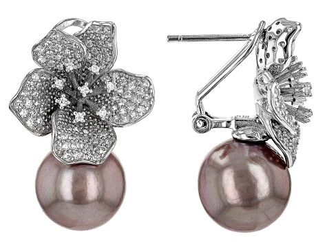 Pre-Owned Pink Cultured Freshwater Pearl & Cubic Zirconia Rhodium Over Sterling Silver Earrings