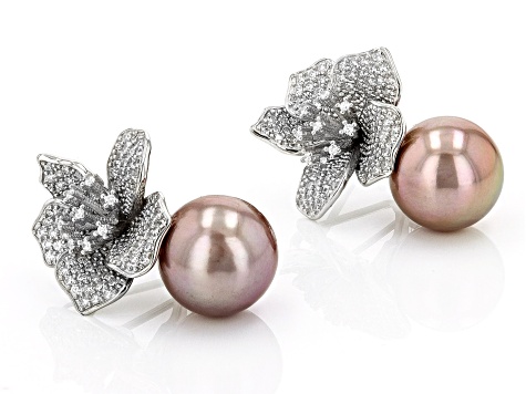 Pre-Owned Pink Cultured Freshwater Pearl & Cubic Zirconia Rhodium Over Sterling Silver Earrings