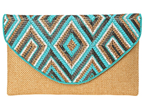 Pre-Owned Bugle Bead Jute Fabric Aztec Clutch