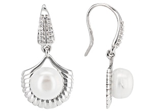 Pre-Owned White Cultured Freshwater Pearl With White Zircon Rhodium Over Sterling Silver Earrings