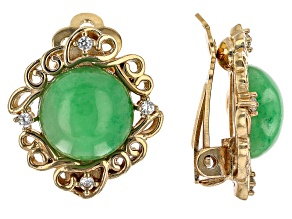 Pre-Owned Green Jadeite With White Zircon 18k Yellow Gold Over Silver Clip-On Earrings 0.15ctw