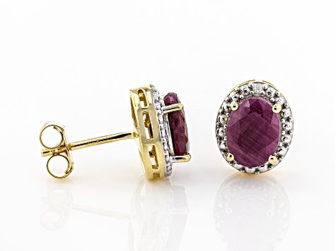 Pre-Owned Red Ruby 18K Yellow Gold Over Silver Stud Earrings 2.27ctw
