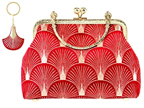 Pre-Owned Red Cloth With Gold Tone Art Deco Clutch With Matching Key Chain
