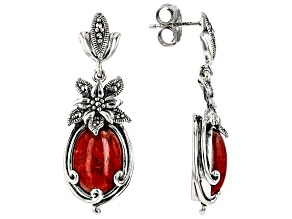 Pre-Owned Red Sponge Coral Sterling Silver Solitaire Dangle Earrings