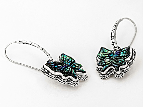 Pre-Owned Multi-Color Carved Abalone Butterfly Silver Earrings