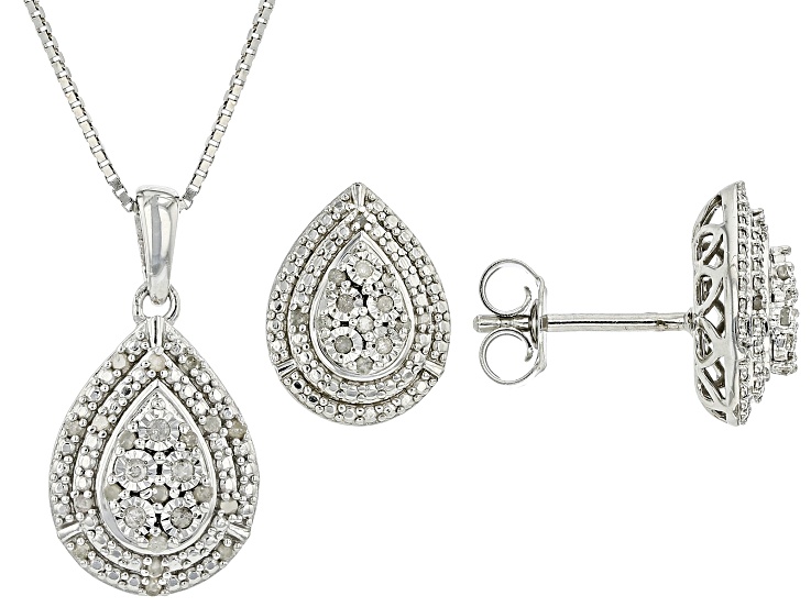 Pre-Owned White Diamond Rhodium Over Sterling Silver Teardrop Pendant And Earring Jewelry Set 0.20ct