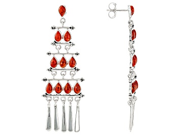 Picture of Pre-Owned Red Sponge Coral Multi-Row Rhodium Over Sterling Silver Earrings