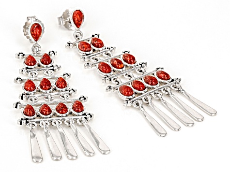 Pre-Owned Red Sponge Coral Multi-Row Rhodium Over Sterling Silver Earrings