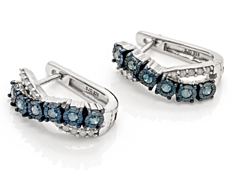 Pre-Owned Blue And White Diamond Rhodium Over Sterling Silver J-Hoop Earrings 0.40ctw